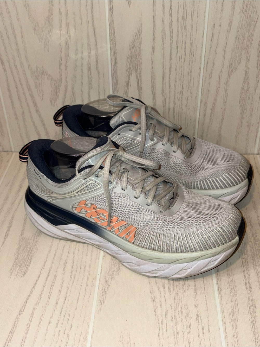 Hoka 19.5 Neutral Running Shoes - Light Gray with Navy and Coral Accents